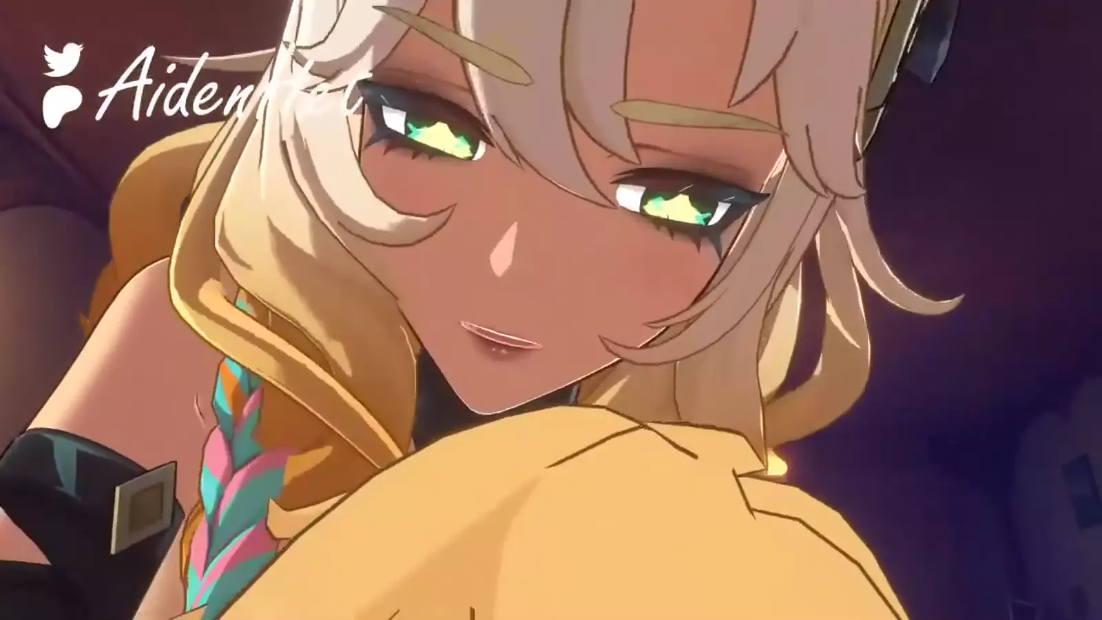 A Hentai character with cum stains on their leggings in animated setting